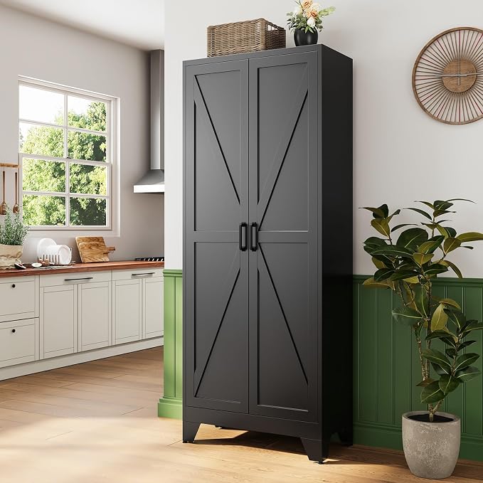 75" H Metal Storage Cabinet with 2 Doors and 4 Shelves,Tall Kitchen Pantry Cabinets,Farmhouse Utility Pantry Organizers for Cupboard/Dining/Bathroom/Home Office/Garage Room,Black