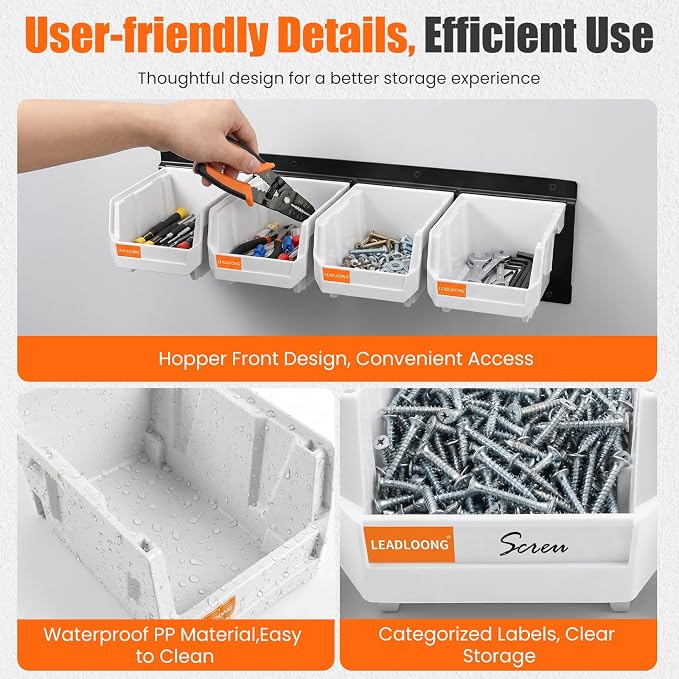 16pc Wall-Mounted Storage Organizer Set with Metal Rails White | Heavy duty tool organization box with metal rails. Ext 5"x4"x3" for garage screws nuts bolts.