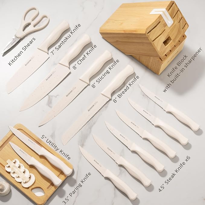 Astercook Knife Set, 15 Pieces Kitchen Knife Set with Sharpener Block, German Stainless Steel Knives with Anti-Rust Coating, Dishwasher Safe, Elegant Cream White Design, Perfect for Holiday Gifts