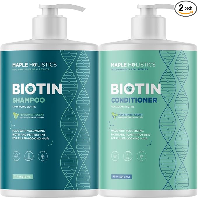 Volumizing Biotin Shampoo and Conditioner Set - Peppermint Shampoo and Conditioner for Thinning Hair Care with Argan Coconut & Olive Oil - Color Safe - Paraben Silicone & Sulfate Free (32 Fl Oz Each)