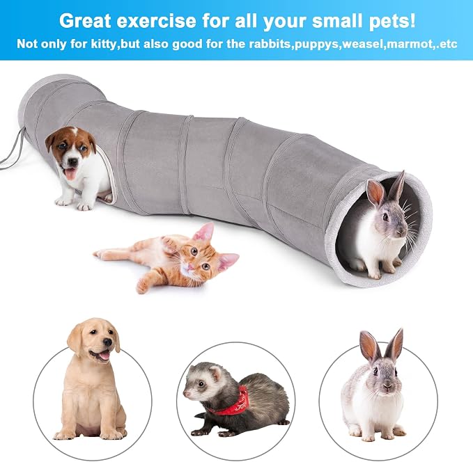 Ownpets S-Shape Cat Tunnel Toy 48"L x 10"D, for Cats, Puppies & Small Pets | Collapsible for storage, tear-resistant oxford fabric, connects to other tunnel, with peek hole, feather wand, indoor/outdoor