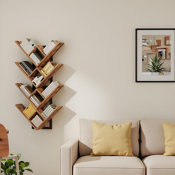HOOBRO Floating Shelves for Wall, Set of 2 Wall Mounted Shelves, 2-Tier Wooden Tree Bookshelf, Hanging Shelves Storage Rack, for Living Room, Kitchen, Office, Rustic Brown and Black BF54BJP201