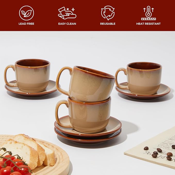 Pokini Stoneware Coffee Cups with Saucers, 6 Oz Cappuccino Cups Set of 4, Microwave & Dishwasher Safe, Perfect For Tea, Espresso, Latte, Ceramic Mugs for Kitchen or Cafe, Brown Yellow
