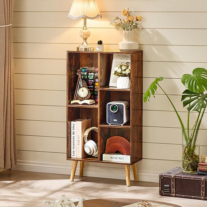 LEYAOYAO 5 Cube Bookshelf, Mid-Century Modern Book Shelf with Legs, Brown | 3 Tier Bookcase, Rustic Wood Bookshelves Freestanding Small Storage Organizer, Open Shelves for Bedroom, Living Room, Office