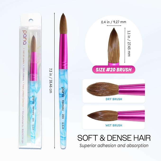PANA Pure Kolinsky Hair Acrylic Nail Brush - Round Shape Pink Ferrule with White Swirl Blue Handle (Size 20)