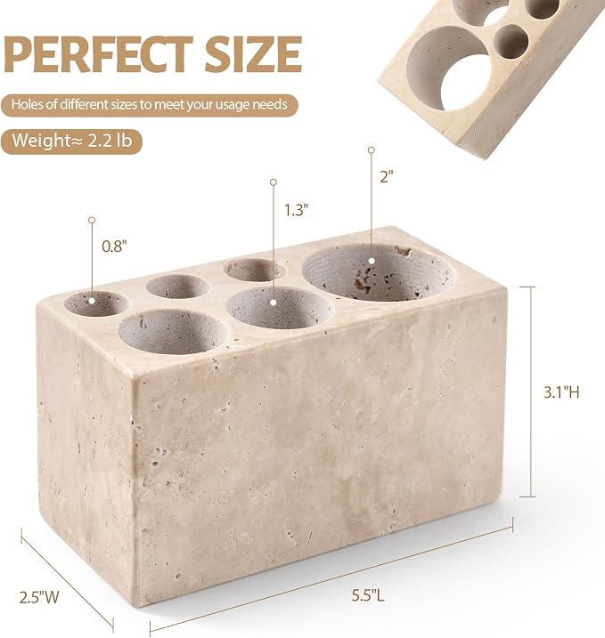 BCS Travertine Toothbrush Holder for Bathrooms, 6 Slots Open-Bottom Marble Toothbrush Organizer, Makeup Brush Stand Toothbrush Storage Collection for Bathroom Countertop Vanity Organization - Beige