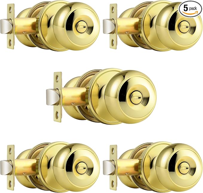 Probrico Polished Brass Privacy Interior Door Knobs Bed and Bath Keyless Door Locksets, 5 Pack