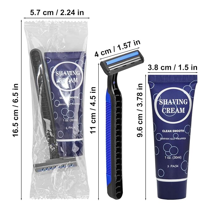 Shaving Razor Set, Disposable Individually Wrapped Manual Twin Blade Razors in Bulk Smooth Shaving Razors with Mini Shaving Cream Toiletries for Hotel Charity Camping Travel Homeless 1oz (Pack of 100)