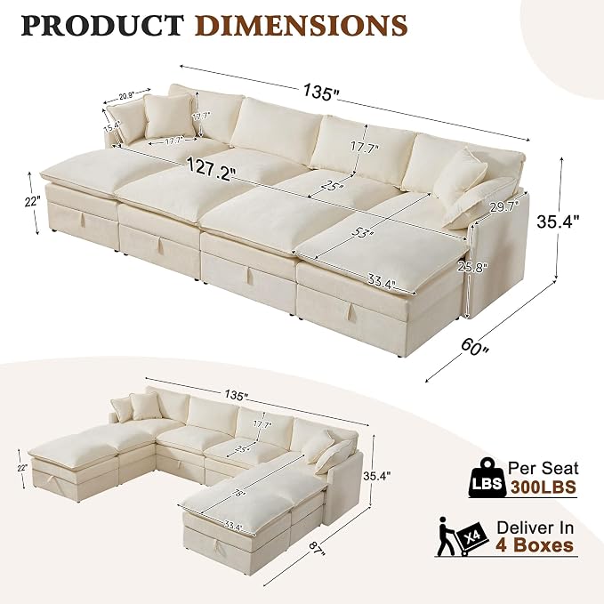 Ihanherry 135” Oversized Sectional Sofa Bed with Storage, 8-Seater Modular Cloud Couch with Movable Ottomans, Chenille Deep Seat Sleeper Couches for Living Room (Beige)