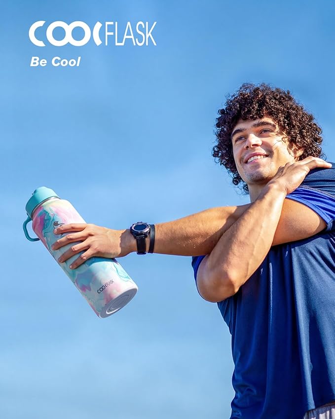 Coolflask Water Bottle Insulated with Straw & 3 Lids, 40 oz Water Jug Large Metal Stainless Steel Wide Mouth for Sports, Gym or Office, Non-BPA Keep Cold 48H Hot 24H, Pastel Sorbet