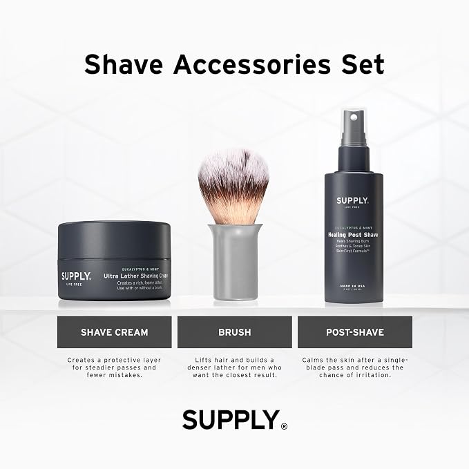 SUPPLY Men’s Shave Accessories Set – Ultra Lather Shaving Cream 3.4oz, Alcohol-Free Aftershave Spray 2 oz, and Synthetic Shaving Brush – Fragrance Free/Classic Matte