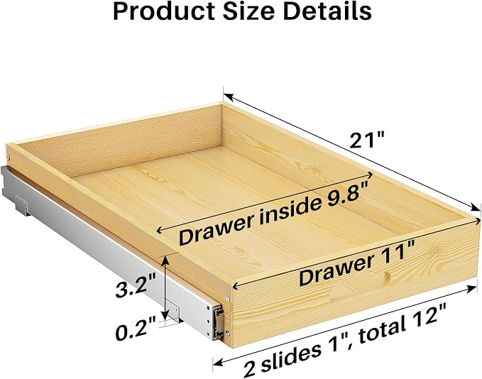 Pull Out Cabinet Organizer, Soft Close Wooden Slide Out Drawers for Pots and Pans, Full-extension Roll Out Shelves for Kitchen Cabinets, Pantry Organization, Bottom & Side Mount(12"W X 21"D x 3.4''H)