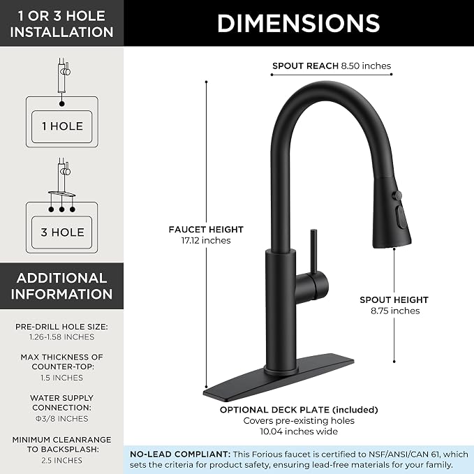 FORIOUS Black Kitchen Faucet with Pull Down Sprayer, High Arc Single Handle | Stainless Steel Single Lever Kitchen Sink Faucet 1 or 3 Hole, Suitable for Farmhouse, Camper, Laundry Room, Rv, Outdoor