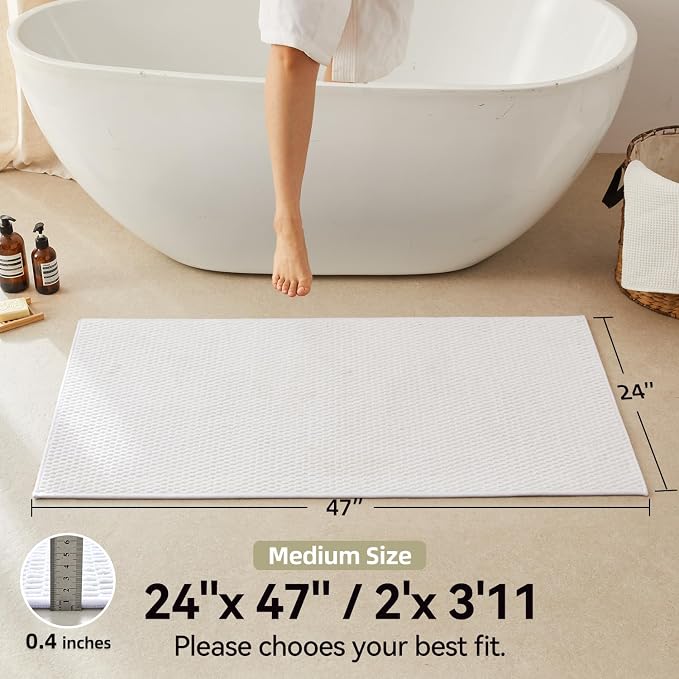Triohero Bathroom Rugs Non Slip Washable, Super Absorbent Thin Bath Mat Quick Dry Low Pile Bathroom Rug, White 24"x47"