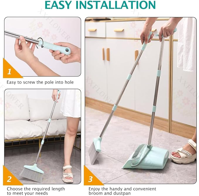 XXXFLOWER Broom and Dustpan Set with Cleaning Teeth, 54.5" Long Handle Indoor Sweeping Combo for Home Office Kitchen, Bluish Green