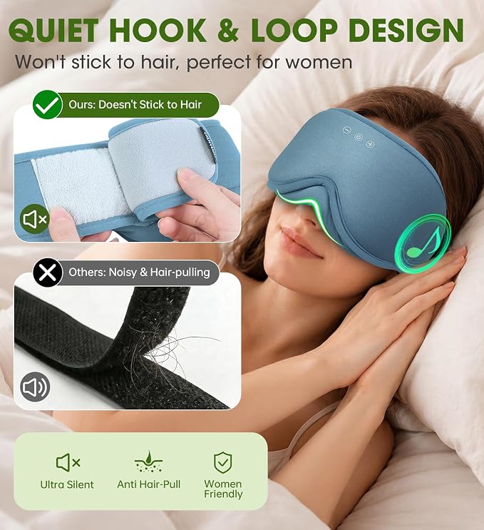 Bamboo Cotton Sleep Mask for Women - Bluetooth Sleep Headphones for Side Sleeper Blackout Eye Mask for Sleeping 3D Contoured Sleep Eye Cover Headband Ear Plugs Low Noise Hook (Blue)