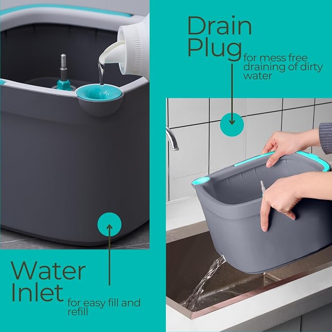 True & Tidy Square Spin Mop & Bucket System w/ 2pc Machine Washable Pads