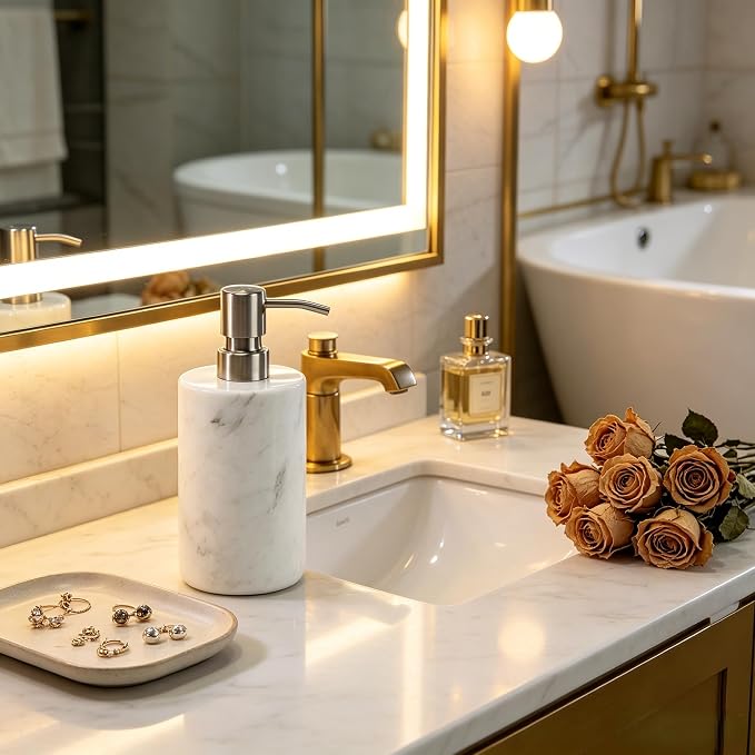 Marble Soap Dispenser Natural Organic Soap Pump with Metal Push Pump, Elegant Round Hand Lotion Jar, Premium Heavy Duty Pump Bottle, Lotion Jar for Kitchen, Bathroom, Laundry Room (White)