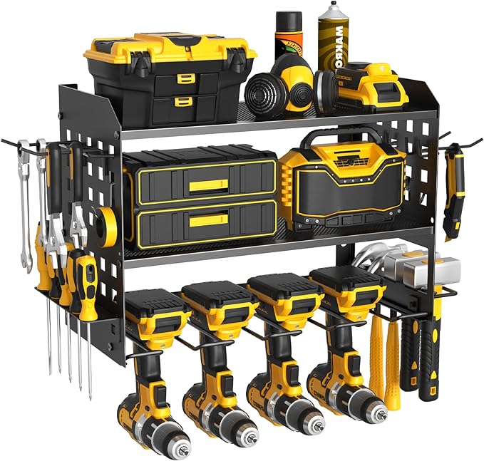 SUNALLY Power Tool Organizer, Heavy Duty Wall Mount Tool Organizer 3 Layers with 4 Drill Holders, Garage Tools Storage Rack with 2 Side Pegboards and Hooks for Workshop, Shed, Black