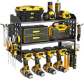 SUNALLY Power Tool Organizer, Heavy Duty Wall Mount Tool Organizer 3 Layers with 4 Drill Holders, Garage Tools Storage Rack with 2 Side Pegboards and Hooks for Workshop, Shed, Black