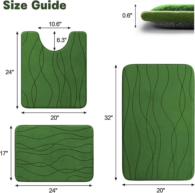 YIHOUSE Bathroom Rugs Set 3 Piece, Memory Foam Bath Mat Green | Ultra Soft, Absorbent, Non-Slip, Machine Washable, for Bathroom, Sink and Toilet