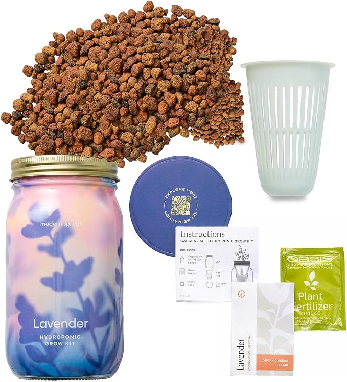 Modern Sprout Mason Garden Jar + Replant Kit - Self-Watering Hydroponics Growing System Kit w/Organic Herb Seeds - Jar Planter for Indoor Herb Garden - Seed Starter - Gift for Mother's Day - Lavender