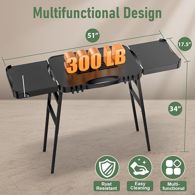 Pizza Oven Table Compatible with Ninja Woodfire | 51 x 17 in tabletop, adjustable-height frame, raised guardrail, for Blackstone griddles