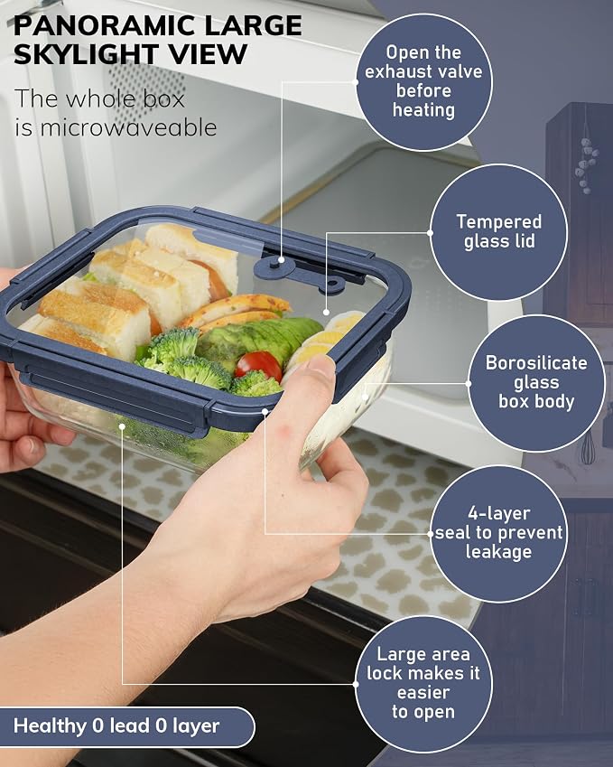 2-Pack Glass Food Storage Containers with Tempered Glass Lids (21.3oz/2.7cup) - Airtight Snap Lock, Microwave & Oven Safe (-4℉~ 950°F), Freezer to Baking Dish, BPA-Free, Gift Box (Blue)