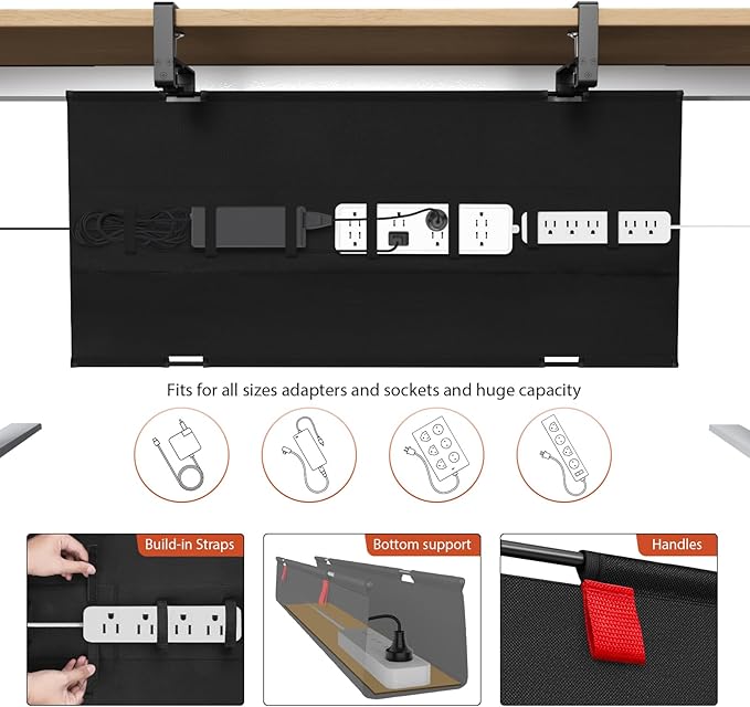 Univivi No Drill Under Desk Cable Management Tray, 36" Cord Organizer for Table, Clamp/Screw Mount Desk Cable Management, Premium Fabric Cable Management Tray for Office, Home