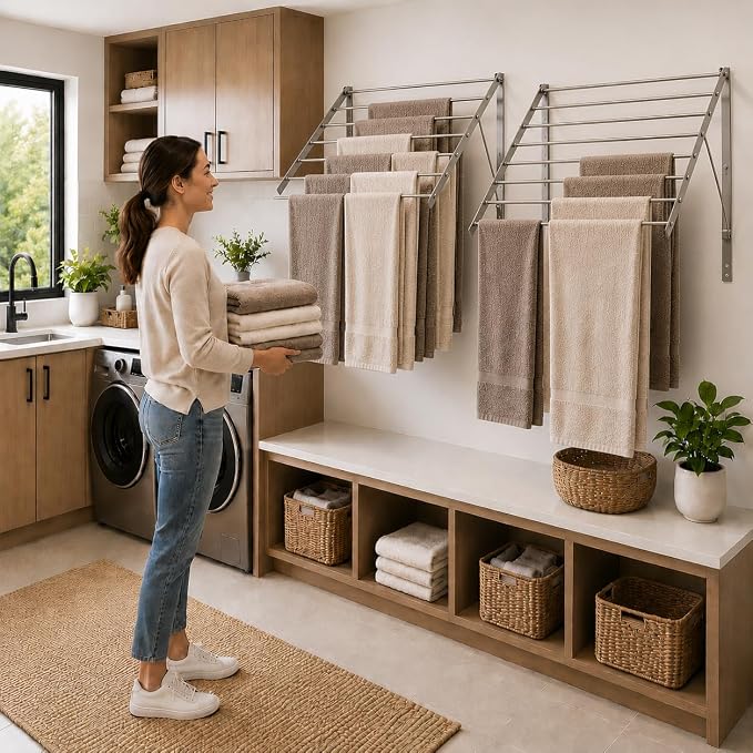 Smartsome | Wall Mounted | Clothes Drying Rack | 30" Wide | 20 Linear Feet Capacity | 8 Smooth Round Stainless Steel Rods | 60 lb Capacity | Fully Assembled | Compact Sturdy Space-Saving Design