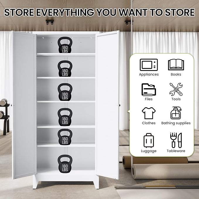 AQY Metal Pantry Cabinet, 75" White Kitchen Storage Cabinet with Doors | 5 Adjustable Shelves Ventilated Metal Cabinet Hanging Hooks Freestanding Kitchen Storage