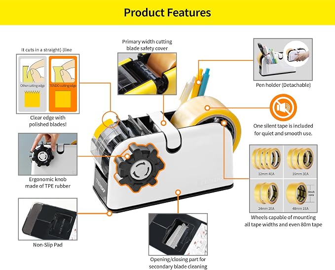 [TENDO°] TENDO Multi-Section Tape Dispenser, Custom Width Tape Cutter with 4 Cutting Sections, Built-in Safety Blade, Ergonomic Grip for Packing and Office Use, ZO-508(White)