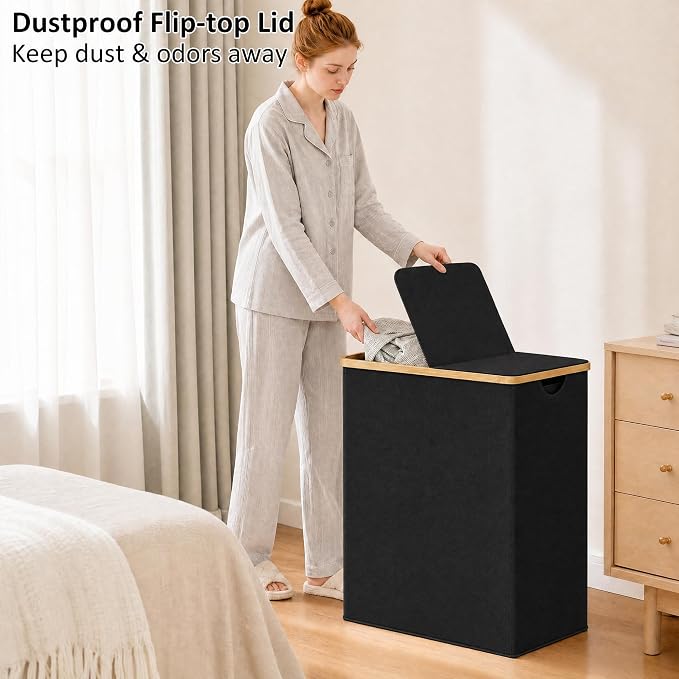efluky Laundry Hamper with Lid, Double Laundry Basket with 2 Removable Bags, 2 Section Laundry Bin with Bamboo Handles for Bathroom, Bedroom & Laundry Room, 170L (44.9 Gallon) Black