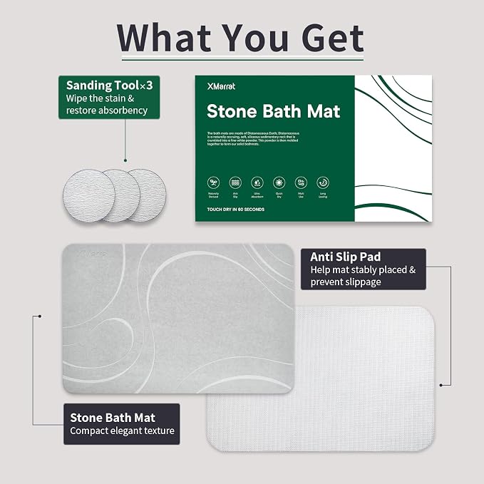 XMarrat Stone Bath Mat, Quick Drying Diatomaceous Earth Bath Mat, Super Absorbent Stone Bath Mats for Bathroom, Non-Slip Diatomite Stone Bath Mat, Easy to Clean(23.6 x 15.4 Light Gray)
