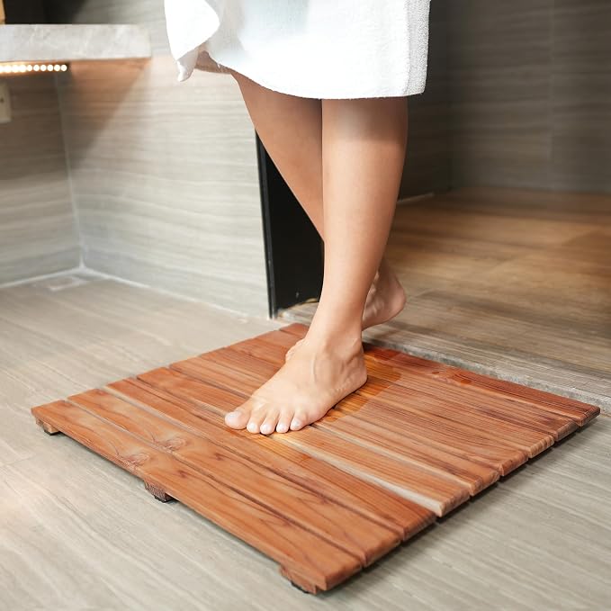 VaeFae Teak Shower Mat, Non-Slip Bath Mat, Luxury Spa Mat, Wooden Mat for Bathtub, 20 x 20 in