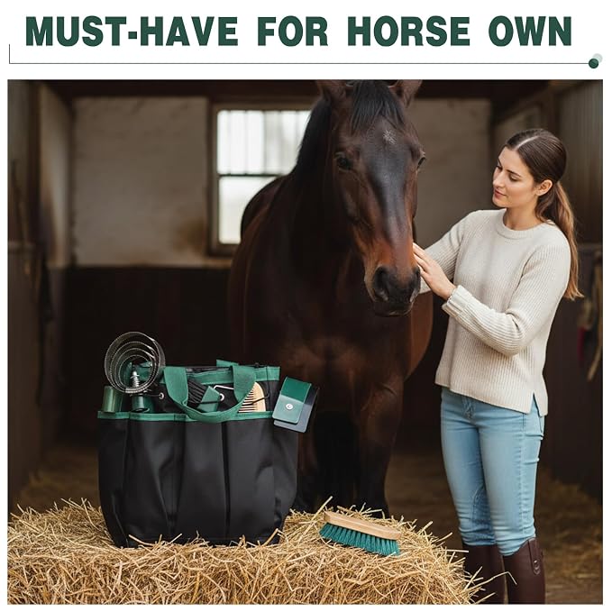 Abbylike 12 Piece Horse Grooming Kit with Organizer Tote Bag Brush Sets for Derby Day Show Horses Professional Tools for Care & Massage(Khaki and Green)