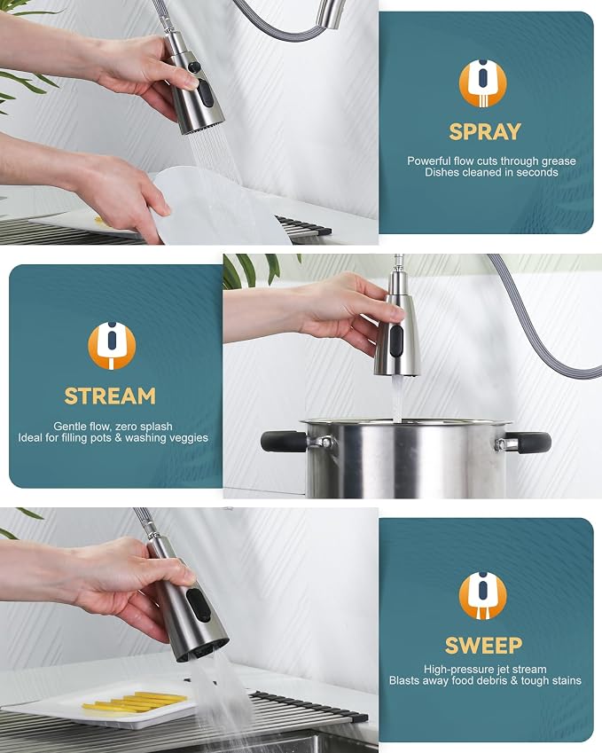 WOWOW Kitchen Faucet with Sprayer, Kitchen Sink Faucet, SUS 304 Stainless Steel, High Arc Single Handle Brushed Nickel Kitchen Faucets with Pull Down Sprayer, Pull Out Kitchen Faucet with Deck Plate
