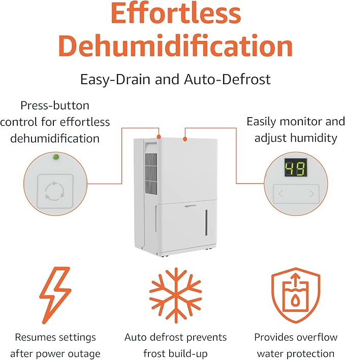 Amazon Basics 50-Pint Large Dehumidifier with Pump, Energy Star Certified, Humidity Control, Auto-Defrost, Timer, Overflow Protection for Rooms up to 4000 SFT, White