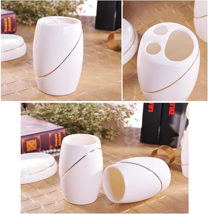Soap Dispenser Set White, Set of 5 Bathroom Accessories, with 2 Toothbrush Cups, Soap Dish, Toothbrush Cup, Ceramic Soap Dispenser, for Bathrooms, Apartments, Dormitories,White Gold
