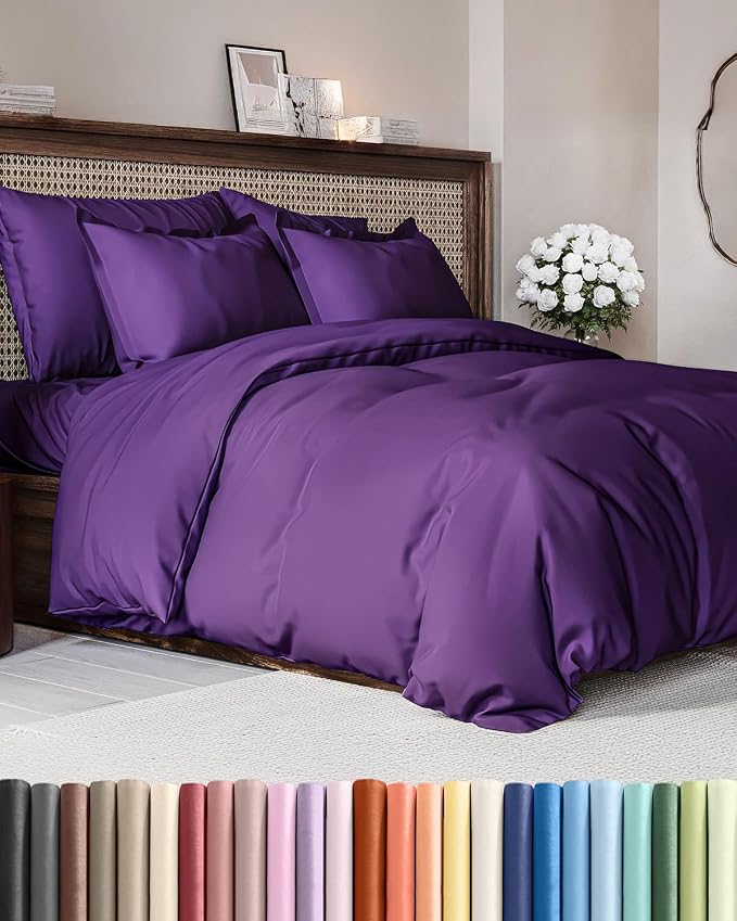 Duvet Cover Queen Size Set - Extra Soft Queen Duvet Cover 90" x 90" with 2 Pillow Shams for Women, Men, Kids & Teens - Hotel Luxury, Easy-Care w/ Zipper Closures & Ties - Comfy & Breathable (Purple)