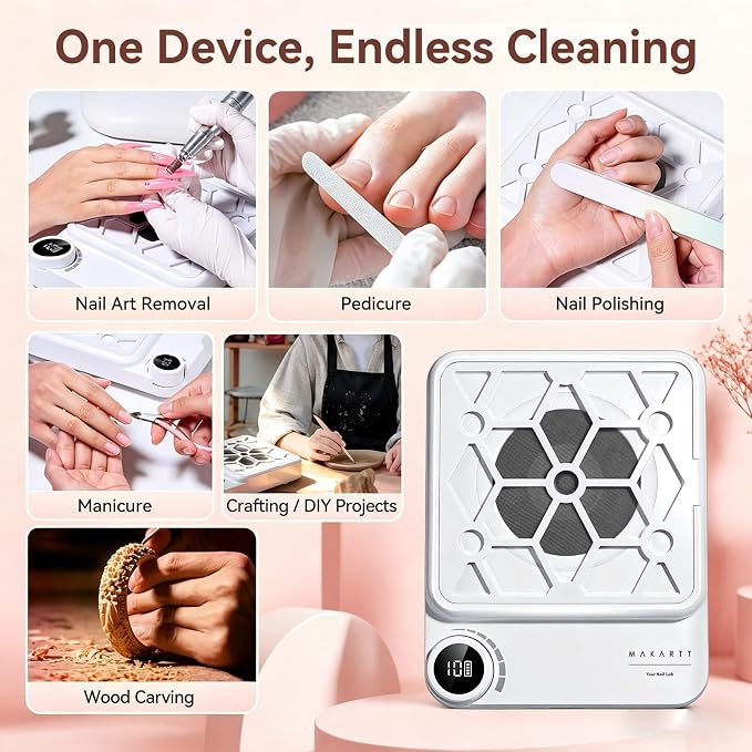 Makartt Compact Rechargeable Nail Dust Collector - 5500RPM Dust Collector Nail Tech ERYNOS Adjustable Speed,Quiet for Polishing Cuticle Manicure Salon&Home Use With 10pcs Filters&Dust Brush White