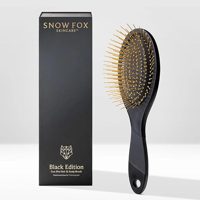 Snow Fox Skincare Gua Sha Hair Brush - Black Edition. Scalp Massage Comb with Gold-Plated Metal Bristles for Healthy Follicles. Soothing Gua Sha Acupressure Tool for All Hair Types