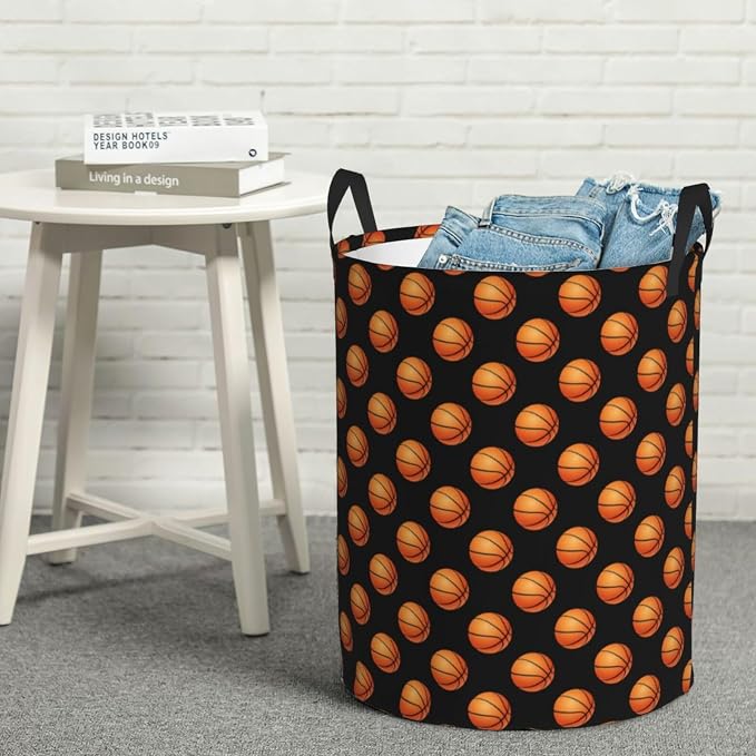Fun Bblack Basketball Laundry Hamper Laundry Basket Circular Hamper Dirty Clothes Storage with Handles