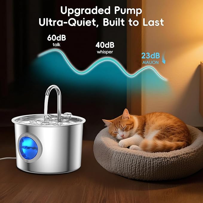 Cat Water Fountain Stainless Steel: Cat Fountain for Drinking with 6 Filters + 6 Sponges - 74oz/2.2L Pet Water Fountain for Cats Inside - Quiet Cats Water Bowl Dispenser - Kitten Drinking Fountains