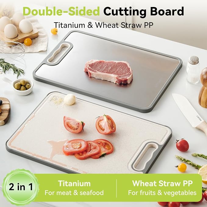 1PC Titanium Cutting Boards for Kitchen Chopping Board Double Sided | Cutting Board Set Food Grade 100% Pure Titanium & Wheat Straw PP Cutting Board Easy to Clean [15"x10.4"]