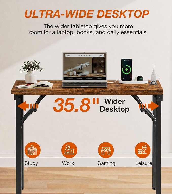 XBurmo Small Folding Desk Folding Table, No Assembly Foldable Desk Gaming Desk, 35.8-Inch Computer Table Workstation with 2 AC Outlets and 2 USB Ports for Bedroom and Home Office, Rustic Brown