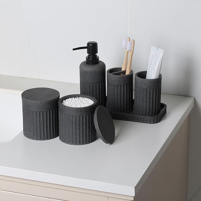 INIUNIK Bathroom Accessory Set - 6 Pieces Bathroom Accessories Set Complete with Soap Dispenser, Toothbrush Holders, Tumbler, Vanity Tray and 2 Qtip Holder for Home Organizer and Decor, Dark Grey