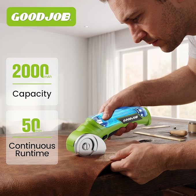 Goodjob 4V Cordless Electric Scissors Box Cutter | Rechargeable Cutting Tool with 4 SK5 Blades for Cardboard Fabric Leather Carpet Upholstery 2000mAh Battery Safety Lock