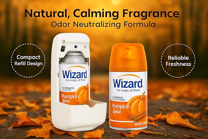Wizard Automatic Spray Refill – Pumpkin Spice, 5 oz (12 Pack) | Compatible with Air Wick Freshmatic & Glade Dispensers | Long Lasting Odor Neutralizer for Home & Office