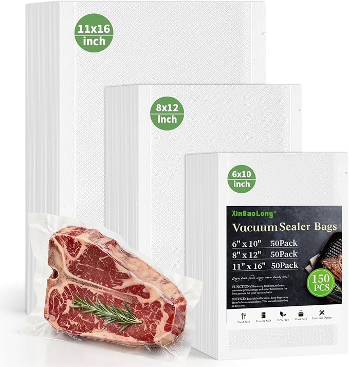 Vacuum Sealer Bags, 11"x16" Gallon, 8"x12" Quart, 6"x10" Pint, 150Pcs | Commercial Grade, BPA Free, Sous Vide Compatible, Puncture Prevention, Kitchen Essentials